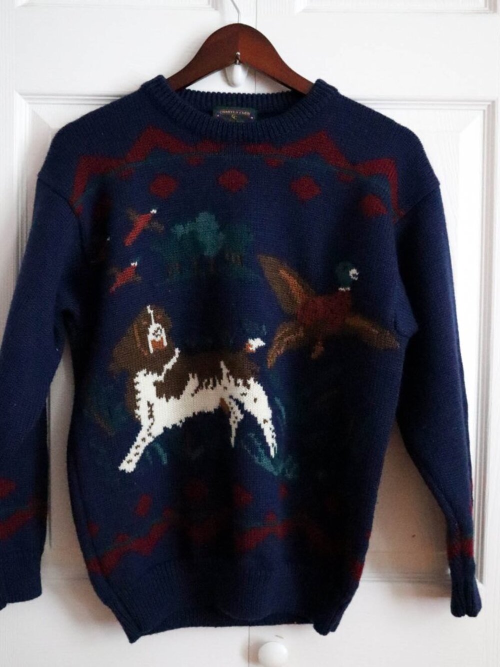 Vtg '90s Charter Club 100% Pure Wool Intarsia Sweater Duck Hunting w/ Dog Sz M